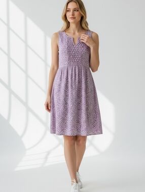 April Cornell Dress Lilac White Ditsy Floral Print L Smocked Front Knee Length